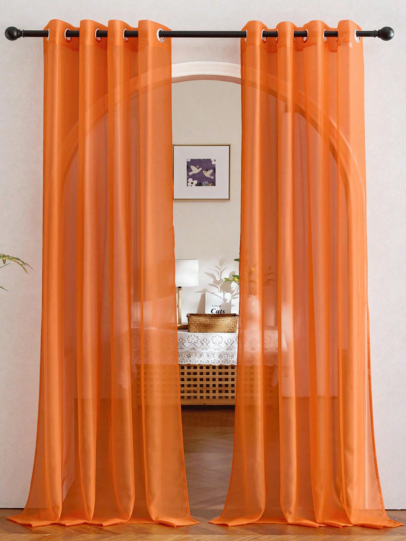 Home Decor Curtains - 1pc Elegant Transparent Orange Organza Half-Sheer